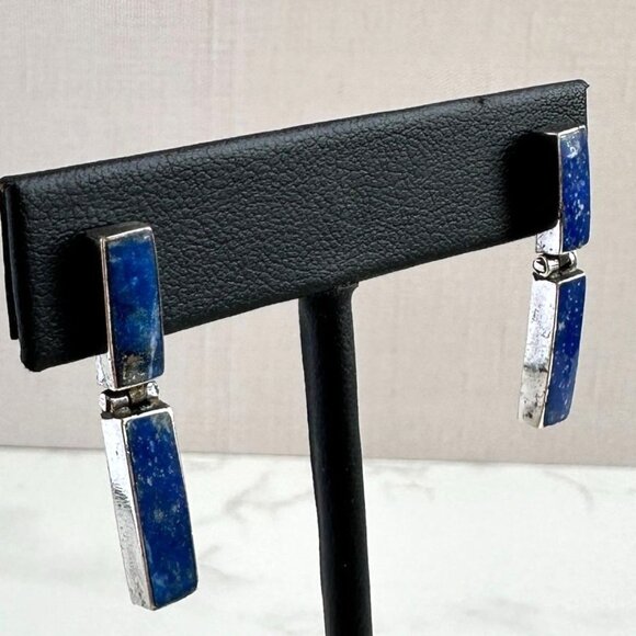 Sterling Silver & Lapis Hinged Bar Earrings - Picture 4 of 6